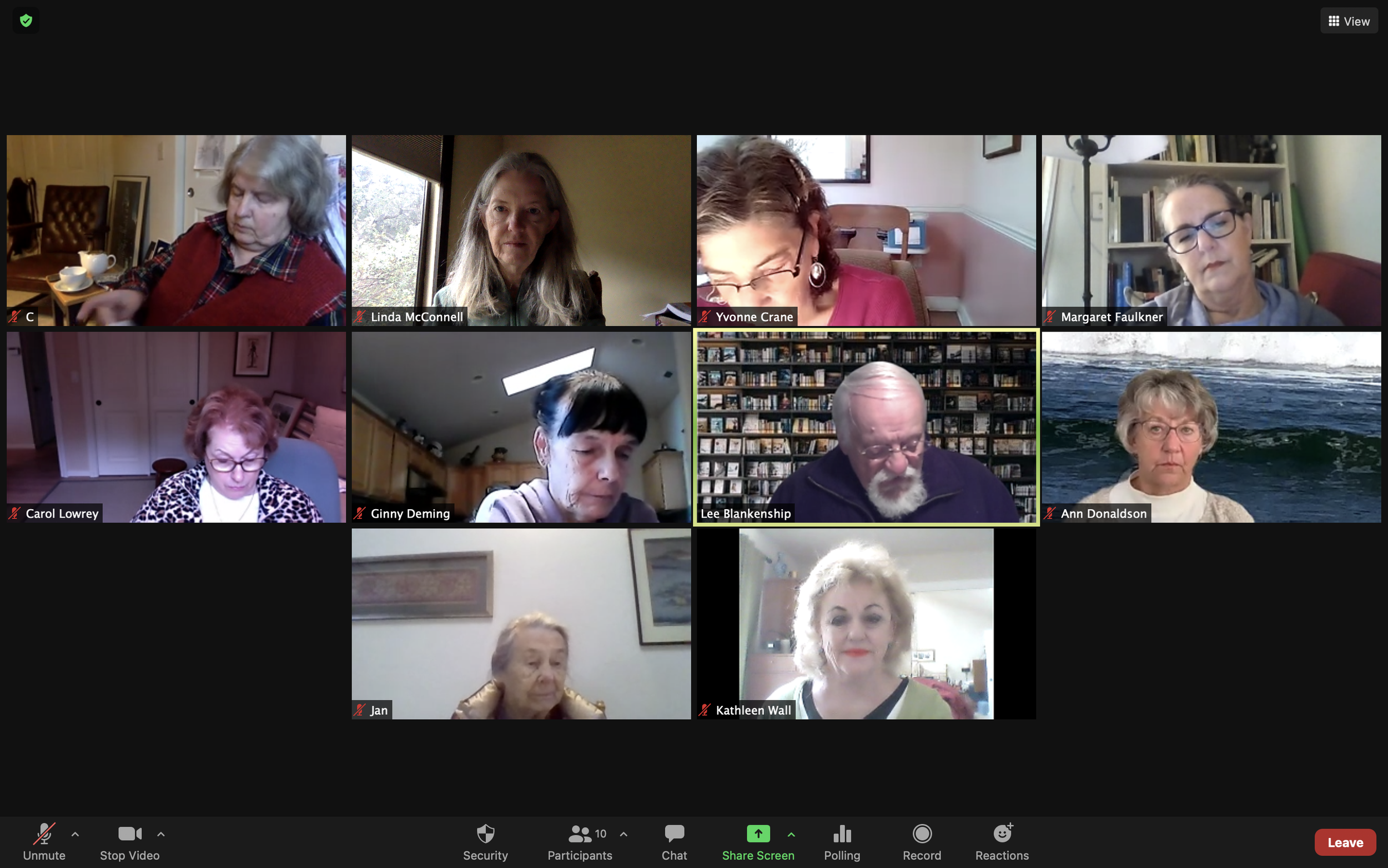 Screenshot of a video conference call with nine participants, each in their own environment, some reading or looking down, with names and muted microphones displayed.