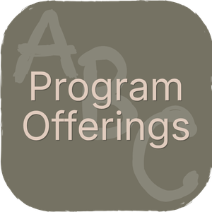 A logo with a dark gray rounded square background featuring large, light-colored letters A, B, and C in the background. Overlaying the letters, the text reads "Program Offerings" in light beige.