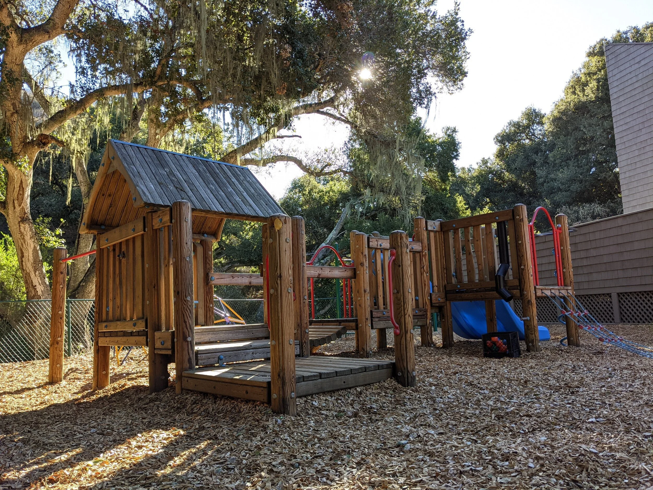 A wooden playground structure with slides and a small roof is set in a backyard with tree branches and Spanish moss overhead, sunlight shining through the trees.