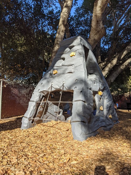 A gray rock climbing structure designed for children, with climbing holds and a small bridge, situated outdoors among trees and a leaf-covered ground.