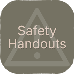 A gray background with a light pink triangle warning icon and the words "Safety Handouts" in pink text.