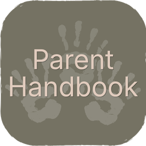Cover of a parent handbook with two gray baby handprints on a green background.