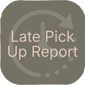 A circular icon with a clock graphic and the text 'Late Pick Up Report' in the center.