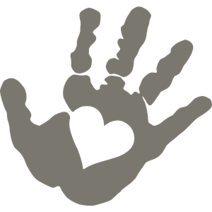 Silhouette of a baby hand with a heart shape in the palm, black and gray tones.