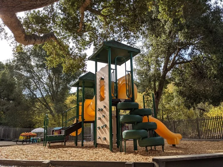Playground with slides and climbing wall in a park surrounded by trees and a wooden fence.