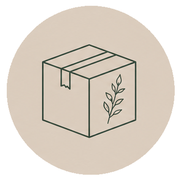 Line drawing of a cardboard box with a leafy plant illustration on one side.