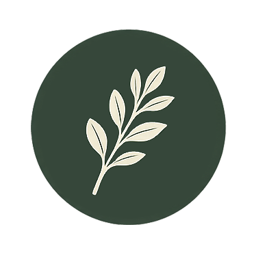 Minimalist illustration of a sprig with leaves on a dark green circular background.