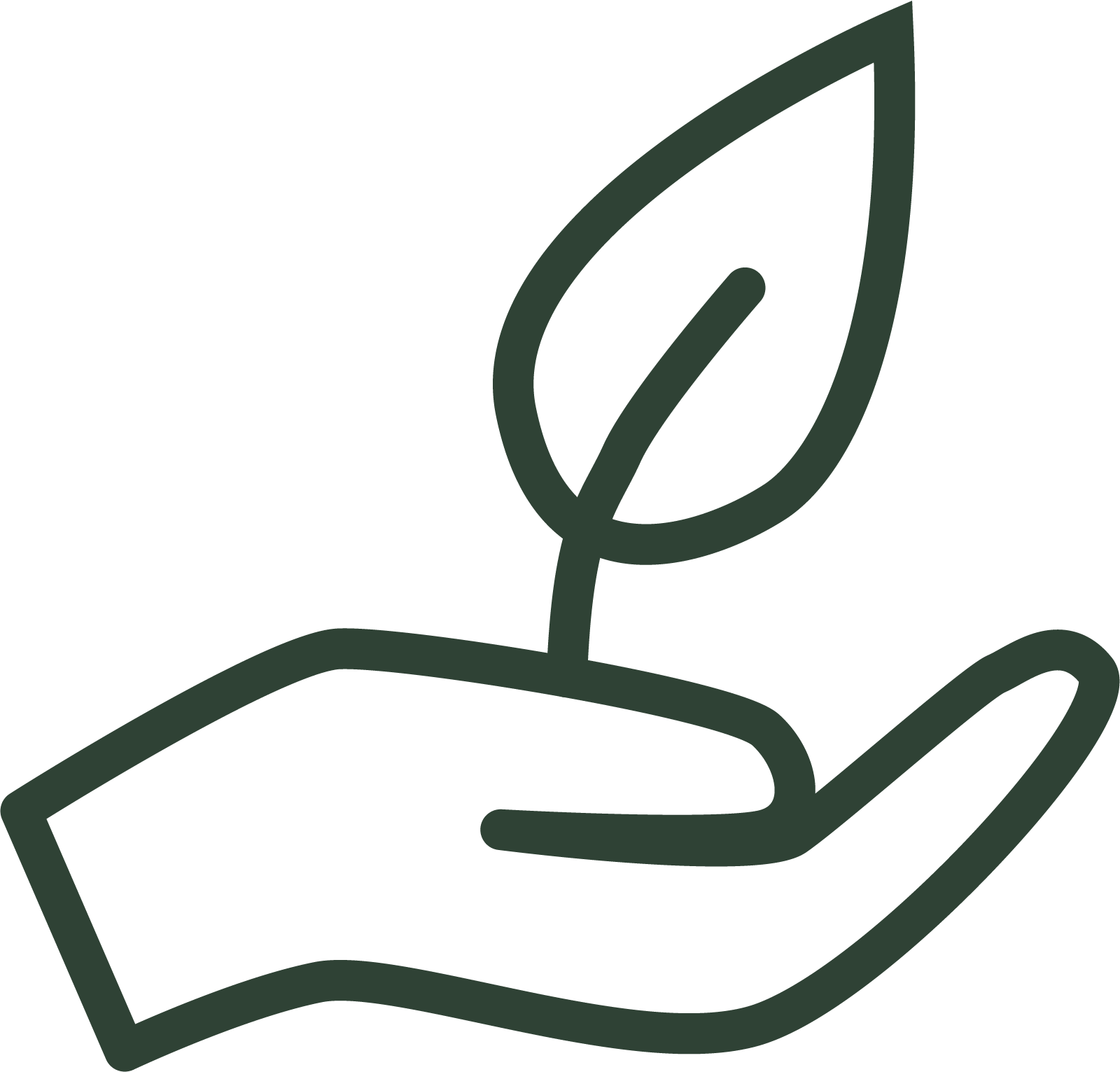 Outline drawing of a hand holding a book with a small sprout growing from the pages.
