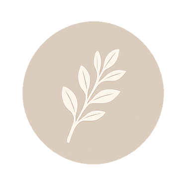 Minimalist illustration of a branch with leaves inside a beige circle