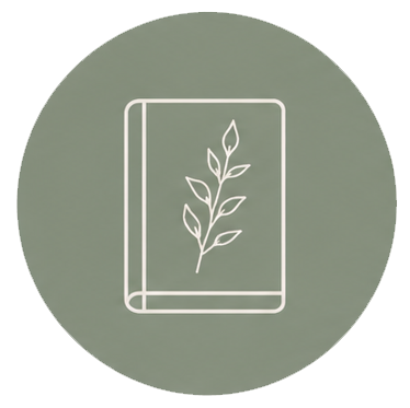 Minimalist line drawing of a notebook with a plant on the cover, set against a green background.