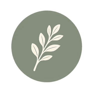 A simple illustration of a plant branch with leaves on a muted green circular background.
