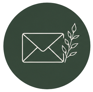 Outline of an envelope with a branch of leaves on a dark green circular background.