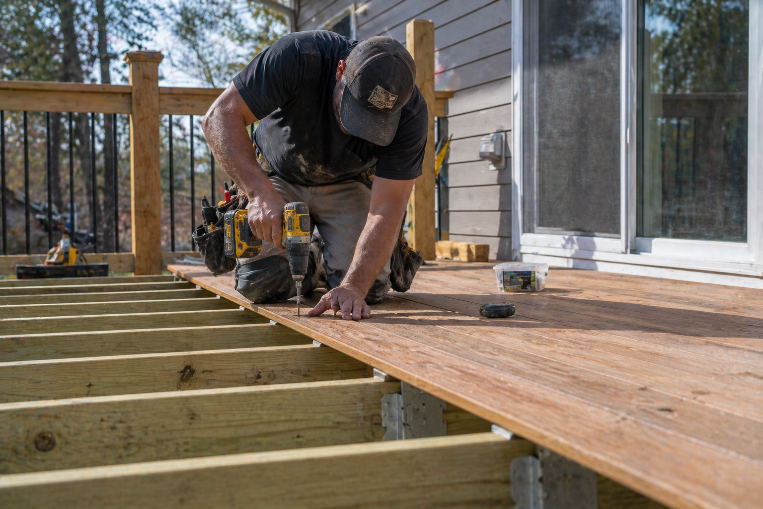 Man installing wooden deck using power drill on outdoor porch with partially completed deck boards and tools