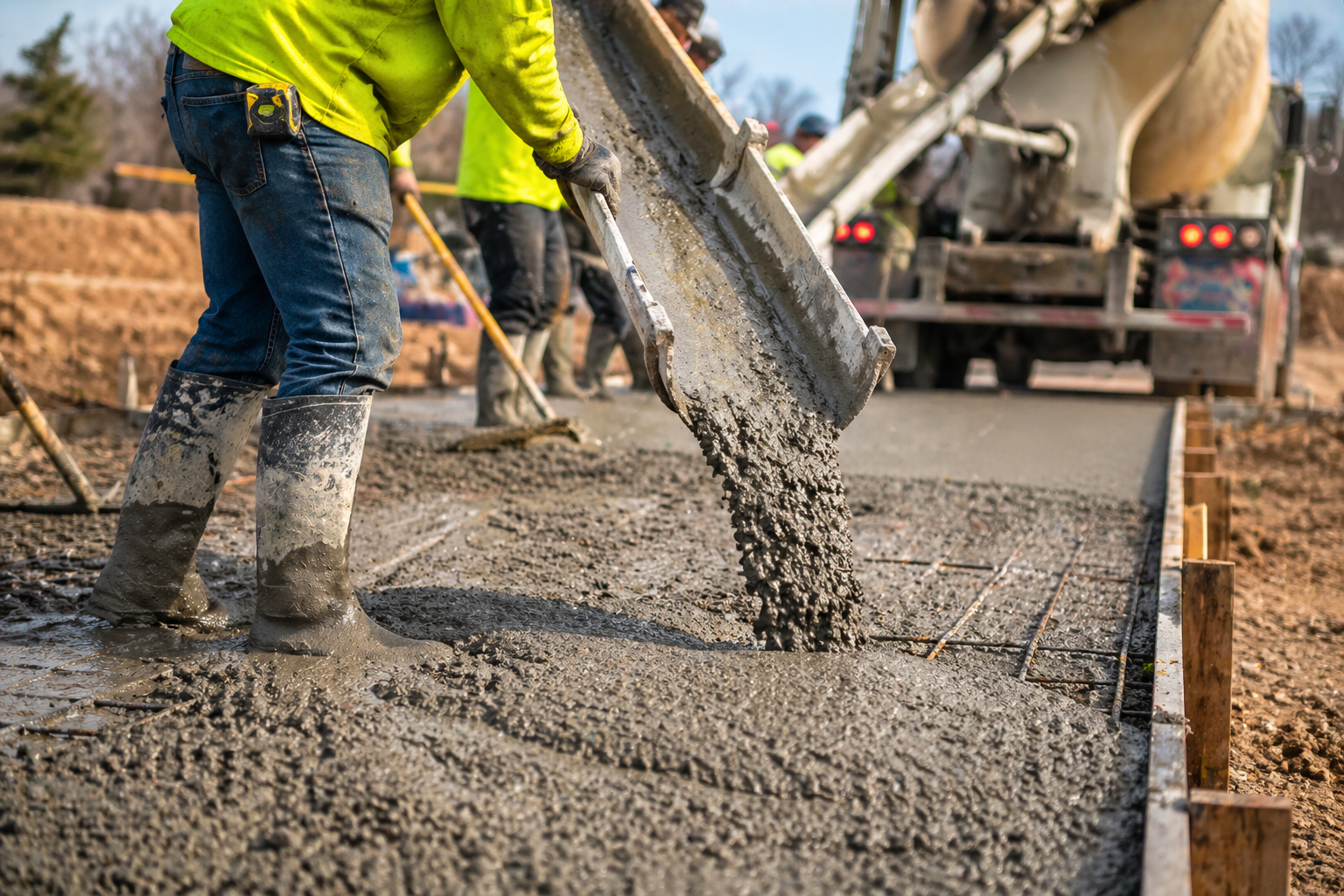 Construction workers pouring and leveling wet concrete on a road during a construction project. They are wearing yellow safety jackets and rubber boots.