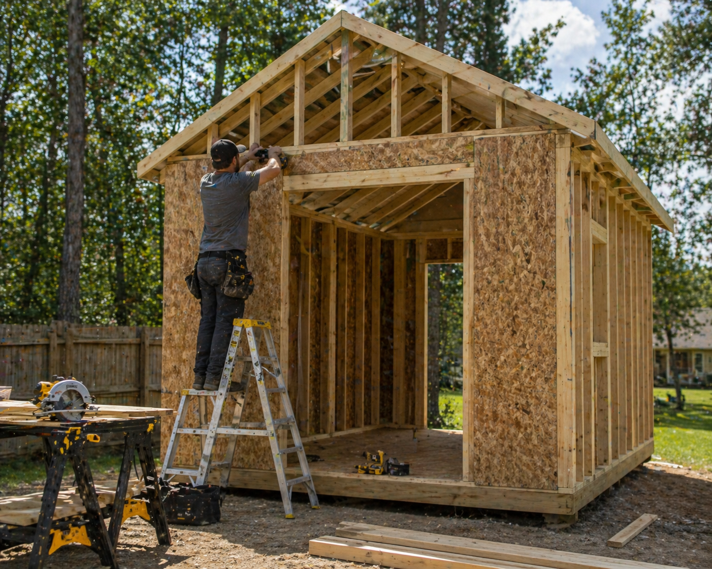 A person building a small wooden shed outdoors, standing on a ladder and working on the roof with power tools. The shed's frame and walls are made of wood, and the setting includes trees and a backyard fence.