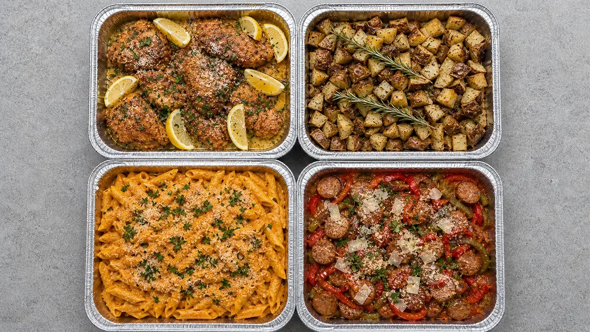 Four aluminum takeout trays filled with a variety of foods: top left tray has breaded chicken thighs garnished with lemon wedges; top right tray has roasted cubed potatoes with herbs; bottom left tray has pasta with creamy tomato sauce and parsley; bottom right tray has sausage and peppers with grated cheese and herbs.