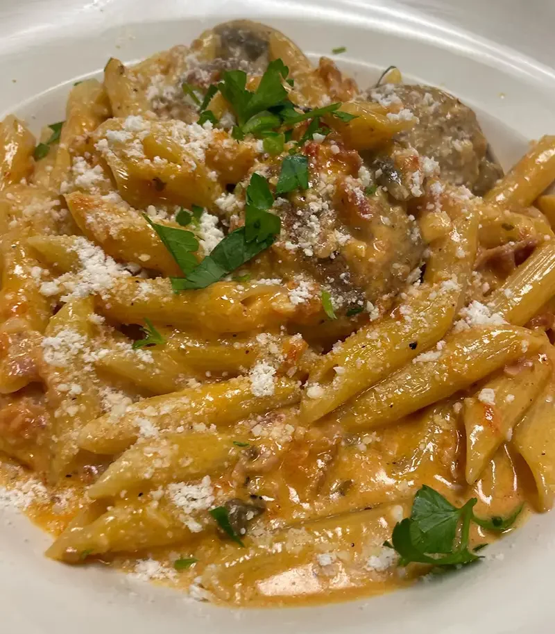 Close-up of a plate of creamy pasta with tomato sauce, garnished with grated cheese and fresh parsley.