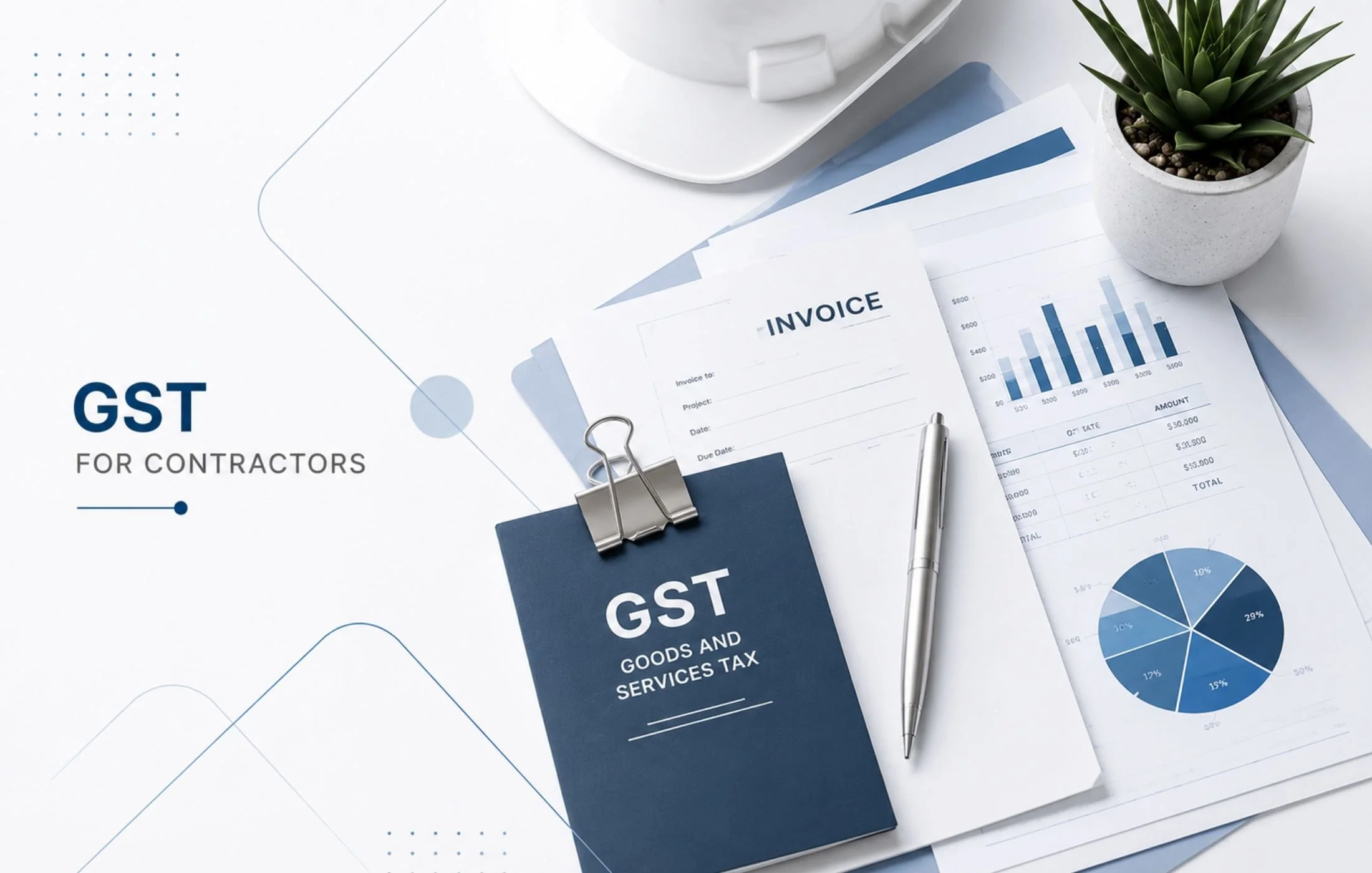 GST for contractors in Canada, featuring a contractor invoice, GST tax document, financial reports, and construction hard hat.