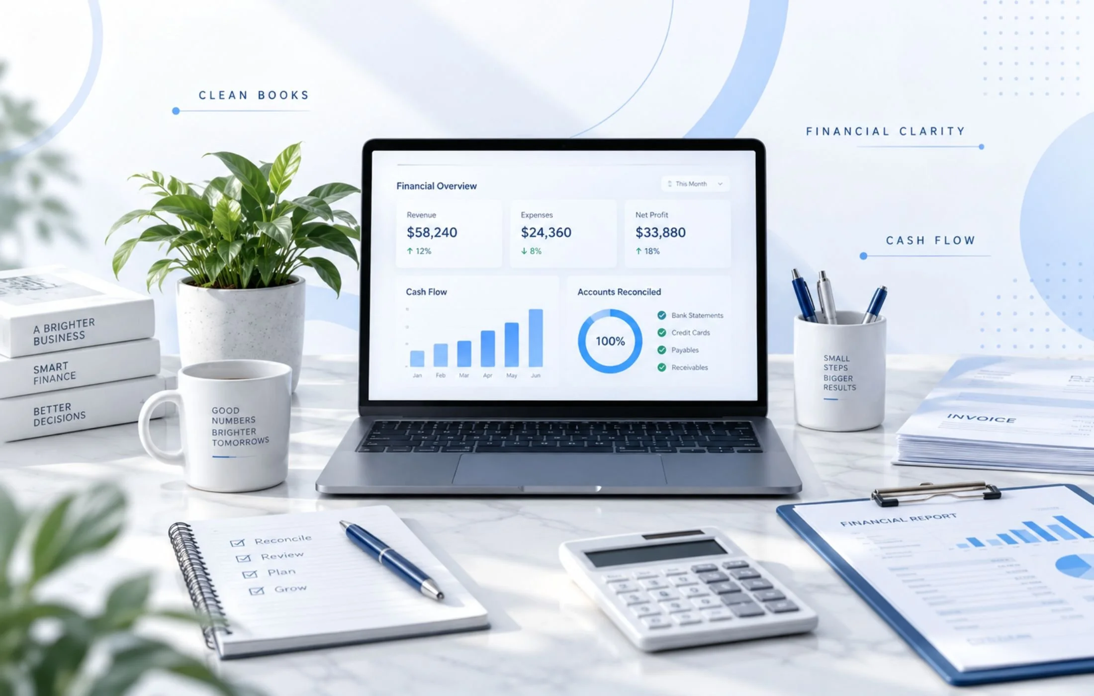 Clean bookkeeping and financial clarity dashboard showing cash flow, reconciled accounts, profitability, invoices, and organized business records.