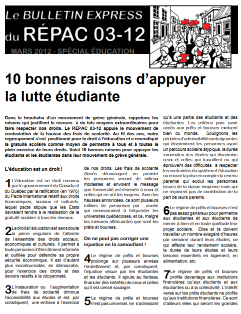 Bulletin express: 10 bonnes raisons d’appuyer la lutte étudiante