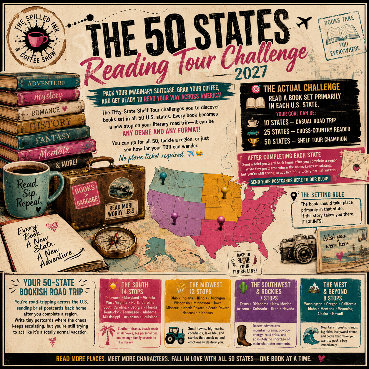 🗺️📚 The 50 States Reading Tour Challenge 2027☕✈️ The Spilled Ink and Coffee Show