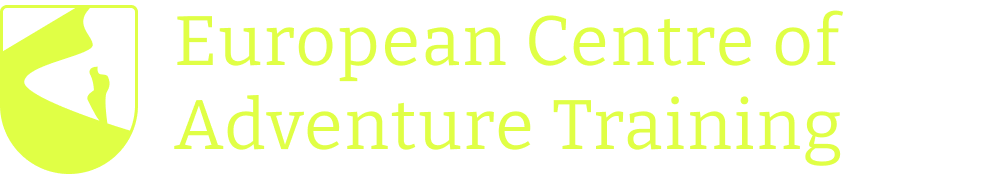 Logo of European Centre of Adventure Training featuring a green shield with a black border and a silhouette of a person climbing, accompanied by the text 'European Centre of Adventure Training' in green.