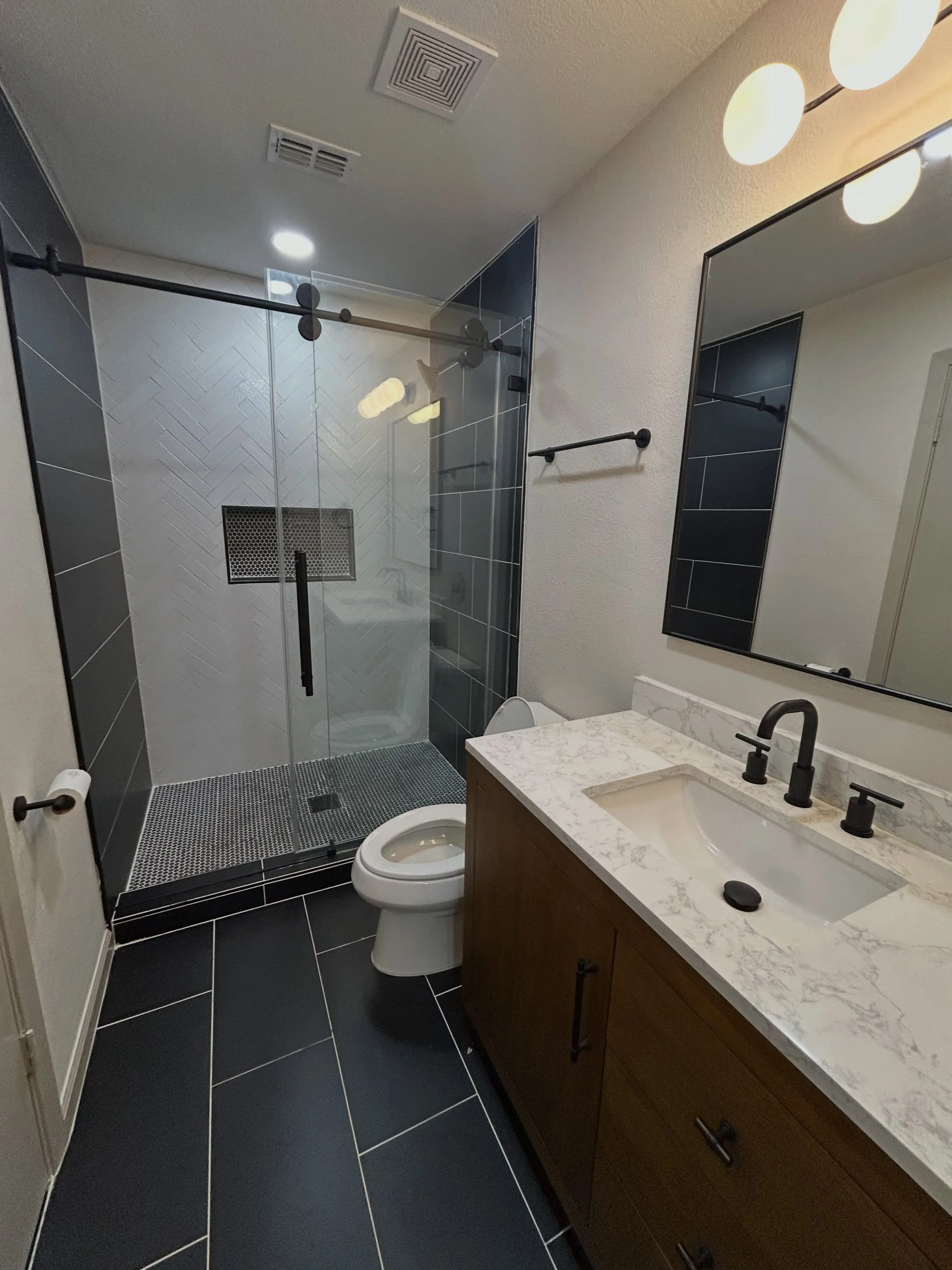 The shower pan wasn&rsquo;t passing a hydrostatic test and needed to be rebuilt, the owner wisely opted for a full remodel. Great time for an upgrade!