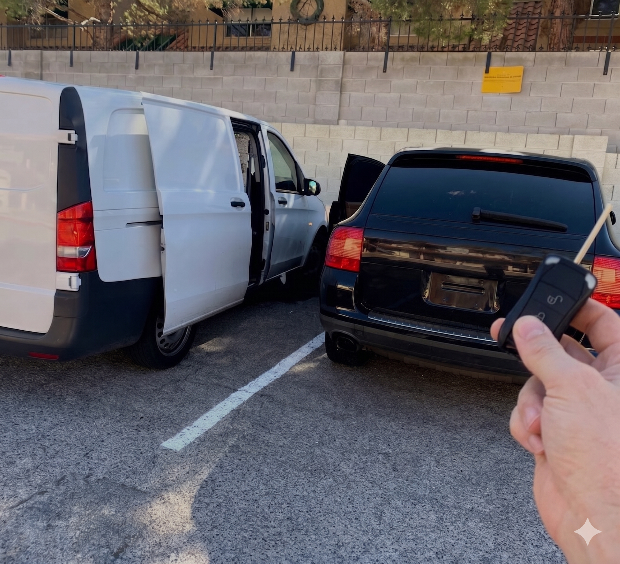 A parking lot with a white van and a black vehicle parked next to each other. A person's hand holding a car key is visible in the lower right corner.