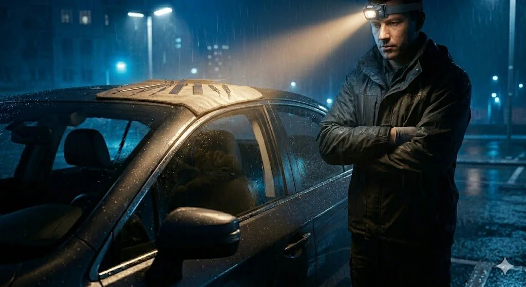 A man wearing a headlamp stands with arms crossed next to a wet car on a rain-soaked night street.