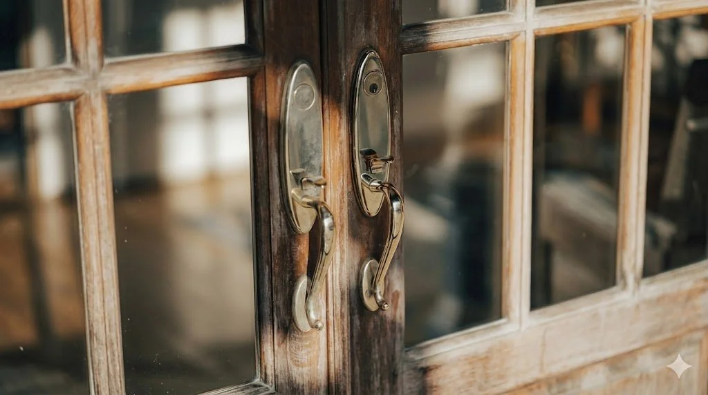 Close-up of wooden door with glass panes and brass handles.