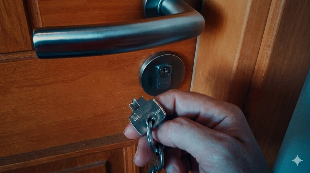 A person is holding a key in front of a door with a keypad lock.