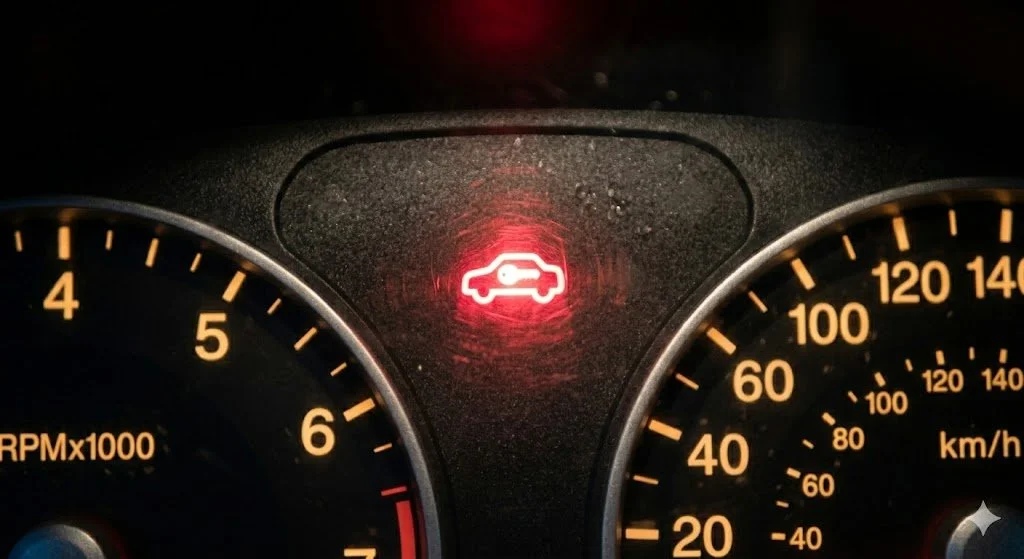 Car dashboard showing a warning light for the car's hood or bonnet indicating it is open.