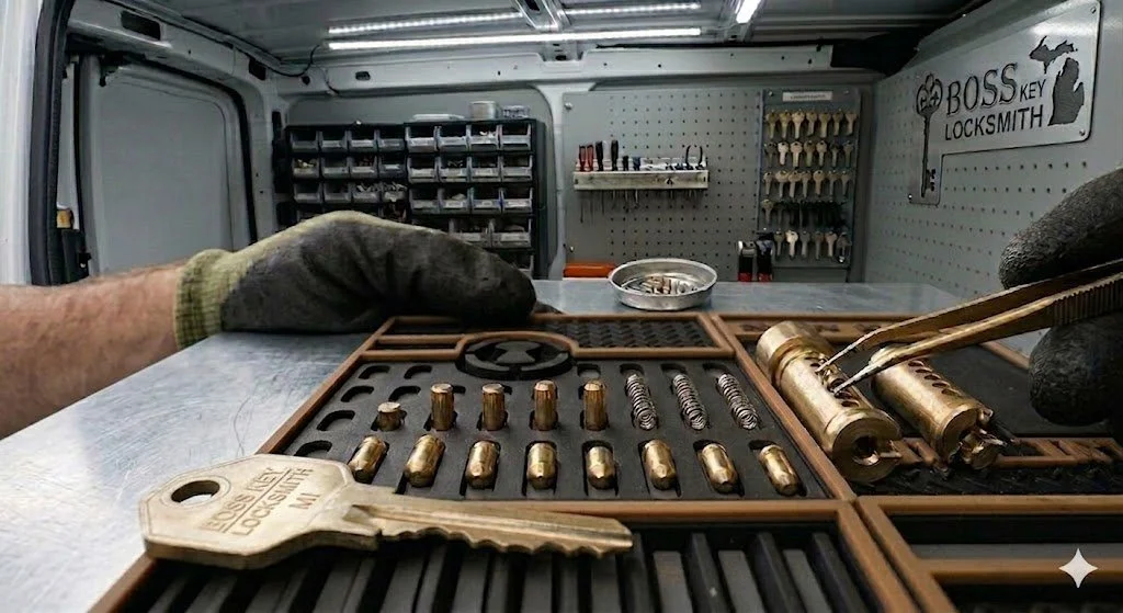 Close-up of a locksmith working on locks with tools, keys, and lock components inside a van, with a sign that reads 'BOSS KEY LOCKSMITH' on the wall.