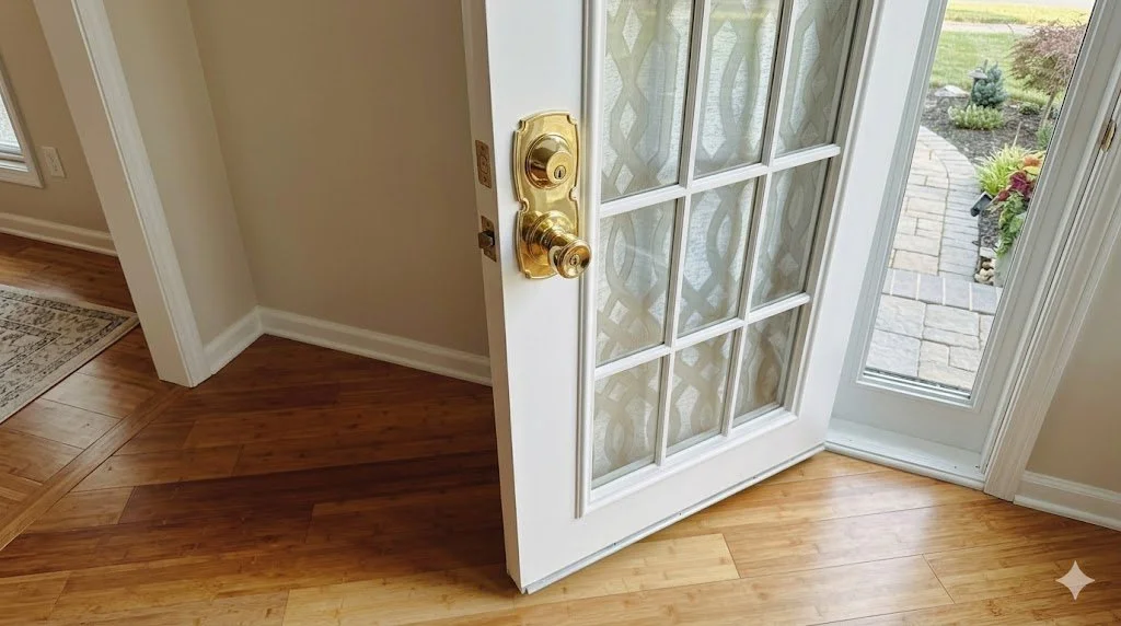 Interior view of a doorway with a glass panel door leading outside to a garden or patio area. The door has a gold-colored doorknob and lock, and the floor is wooden.