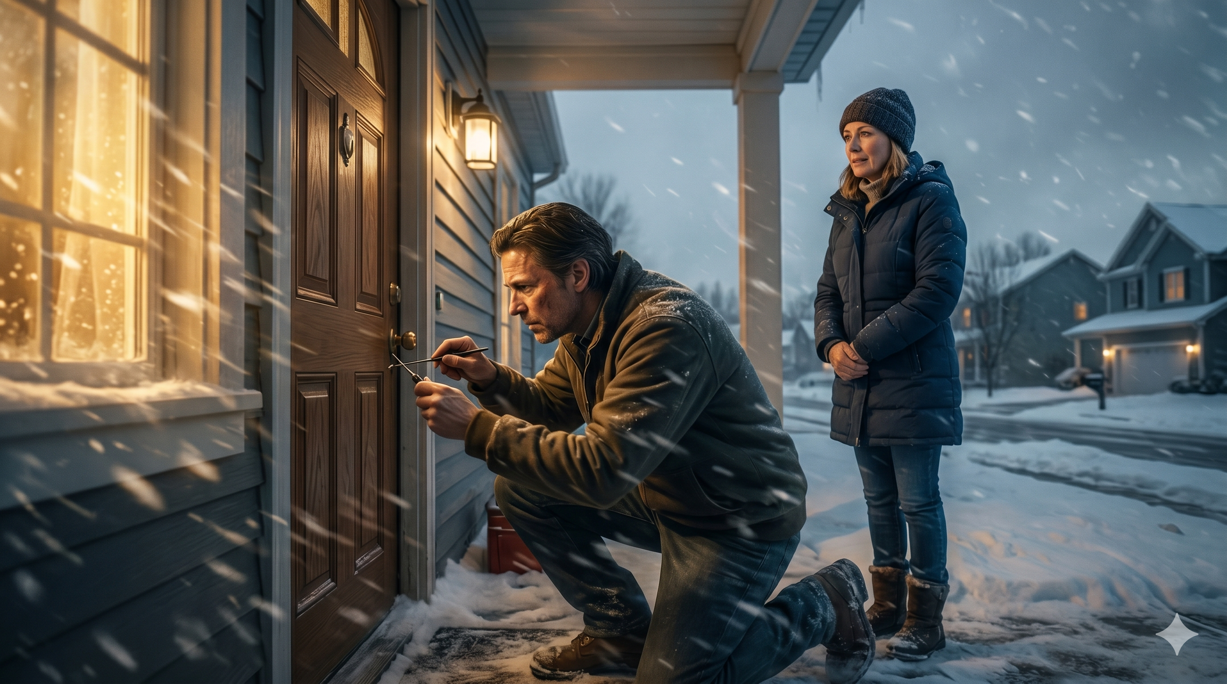 A man kneeling outside a house in winter, locking the door with a woman standing behind him. Snow is falling, and neighboring houses are visible in the background.
