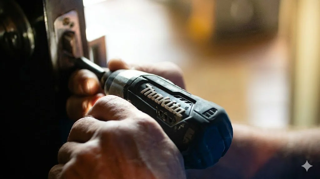 Close-up of a person's hands using a Makita cordless drill in a workshop or construction setting.