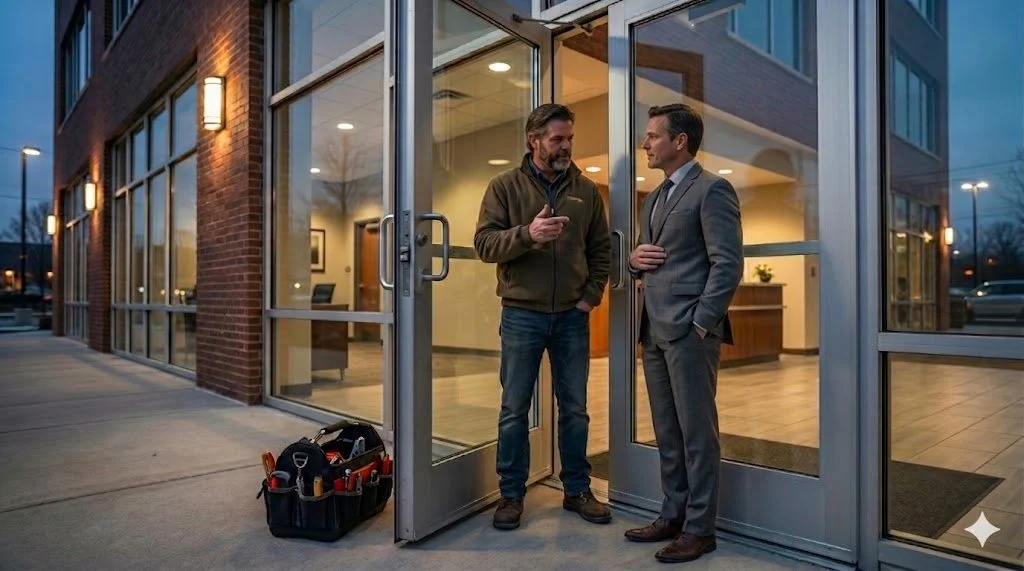 Two men, one in a brown jacket and the other in a gray suit, stand outside a glass entrance of a building, engaging in conversation. A toolbox is on the ground nearby. The interior appears to be an office with warm lighting.