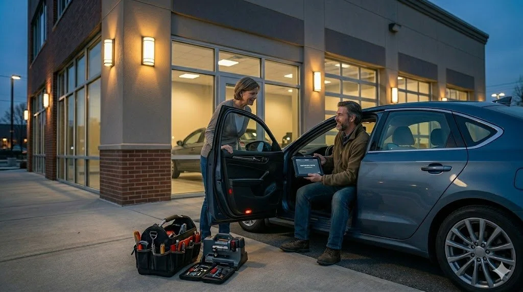 A man sitting in a car holding a device, talking to a woman standing outside the car in front of a car dealership, with tools and a tool bag on the ground.