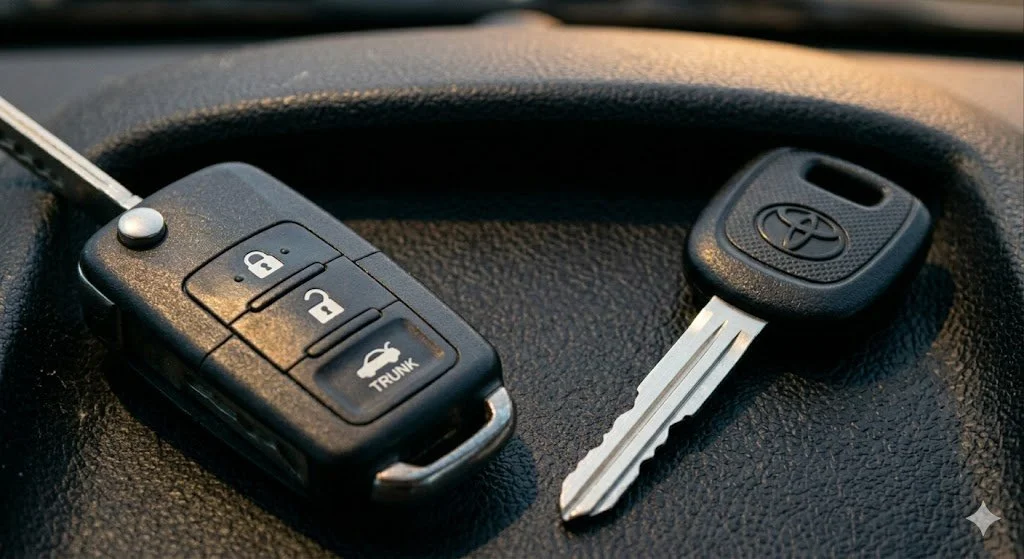 Toyota car key fob and remote on a textured black surface.