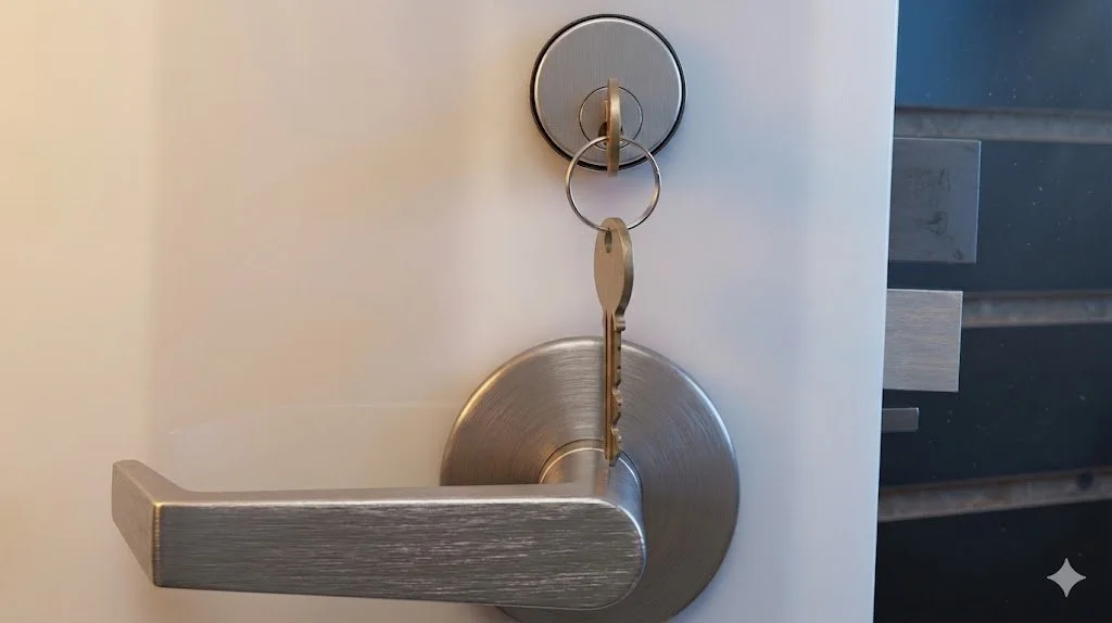 Close-up of a door handle and lock with a set of keys hanging from a key ring on the lock