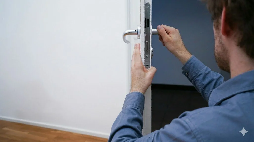 A person installing or adjusting a door lock on a white door.