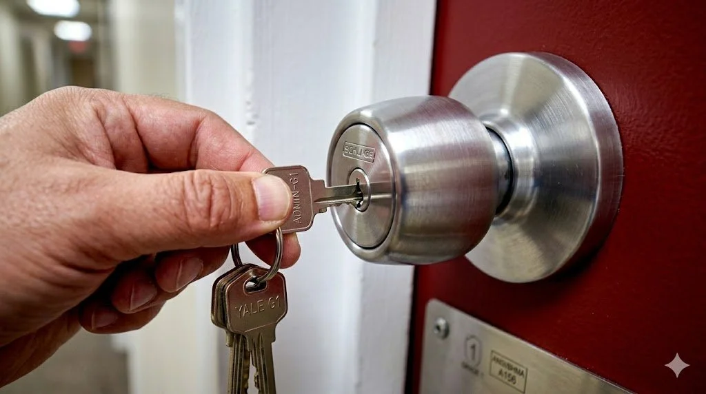 Close-up of a hand turning a silver door lock with keys in the keyhole on a red door.