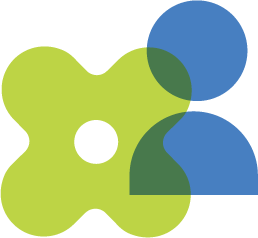 Geometric icon design featuring an overlapping blue human figure and a green abstract flower, a playful design element of the Stanbridge brand.