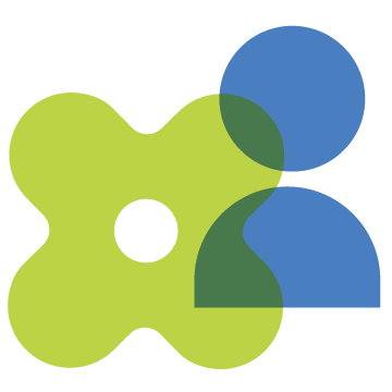 Geometric icon design featuring an overlapping blue human figure and a green abstract flower, a playful design element of the Stanbridge brand.