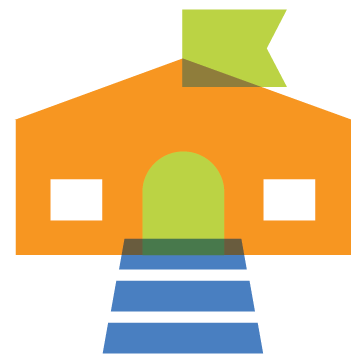 Colorful geometric illustration of a school with an orange facade, green door, blue steps, and a green flag on top.