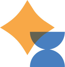 Abstract icon with orange diamond and two blue semi-circles, a playful design element of the Stanbridge brand.