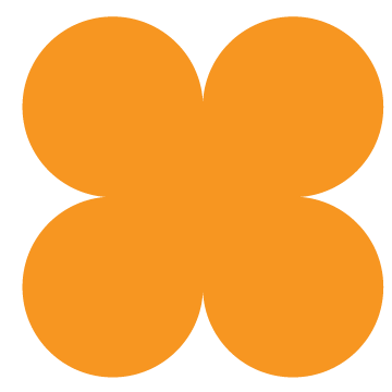 An abstract icon with four orange circles that look like a flower, a playful design element of the Stanbridge brand.