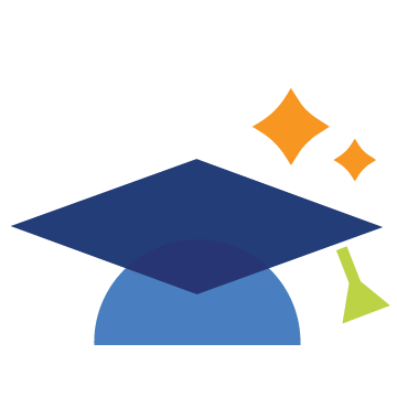 Colorful geometric illustration of a graduation cap, diploma, and sparkles