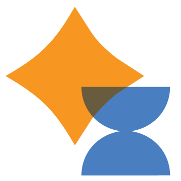 Abstract geometric design with an orange diamond shape and two blue semi-circles, playful design elements of the Stanbridge brand.