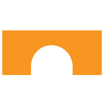 Geometric orange bridge icon, a playful design element of the Stanbridge brand.